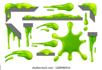 Set of slime or mucus liquid green goo blobs, splats, drips and drops design elements