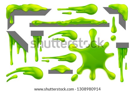 Set of slime or mucus liquid green goo blobs, splats, drips and drops design elements