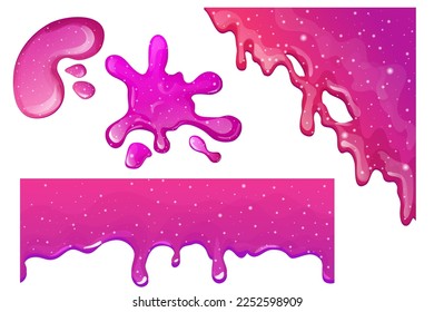 Set Slime purple and pink, jelly glaze with drips and glitter in cartoon style seamless isolated on white background.