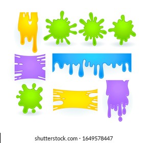 Conjunto de chispas de Slime, goo líquido de manchas amarillas, púrpuras, verdes y azules. Dibujar textura de Halloween para decorar pancartas, objetos brillantes aislados en fondo blanco.  Ilustración vectorial