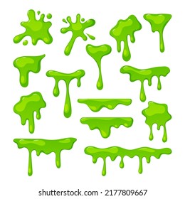 Set of Slime Splashes, Liquid Goo of Toxic Green Color, Abstract Blots, Dripping Halloween Texture for Banner Decoration, Bright Objects Isolated on White Background. Cartoon Vector Illustration