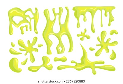 Set of slimes concept. Pack of green liquids drops and splashes. Abstract creativity and art. Toxic blobs and blots. Cartoon flat vector collection isolated on white background