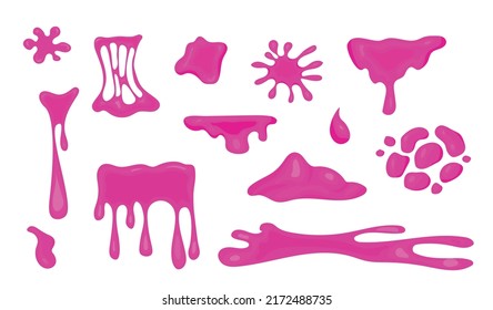 Reihe von Schleifen in verschiedenen Formen. Lilette Flüssigkeit breitet sich aus. Farbige Substanz in ungewöhnlichen Formen. Klebrige, helle Spritzen. Designelemente. Cartoon-Flachvektor-Kollektion einzeln auf weißem Hintergrund.