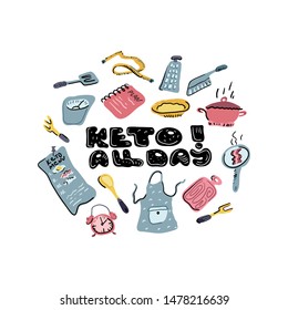 A set of slimming attributes and kitchen utensils with a motivating phrase about a keto diet. Keto All Day. Healthy low carb eating concept. Flat design element for banners, cards, posters, menu.