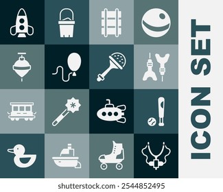 Set Slingshot, Baseball bat with ball, Dart arrow, Toy railway, Balloons, Whirligig toy, Rocket ship and Rattle baby icon. Vector