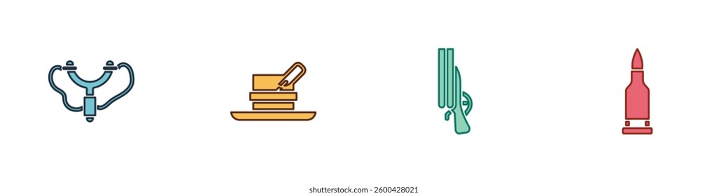 Set Slingshot, Hunter hat with feather, Shotgun and Bullet icon. Vector