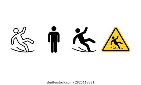 Set of slip and fall hazard warning icons and symbols on white background