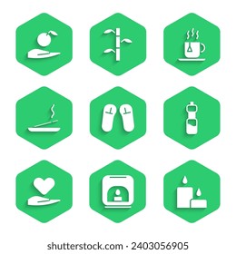 Set Slipper, Aroma lamp, Burning candle, Bottle of water, Heart on hand, Scented spa stick, Cup tea with tea bag and Apple icon. Vector