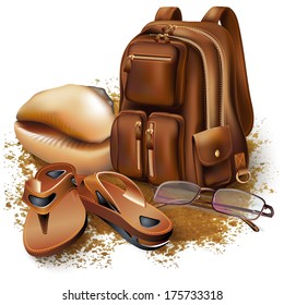 Set of slippers, a bag and a seashell, isolated on sand background. Vector illustration. 