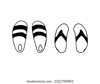 Set of slippers for men and women. Doodle art. illustration with black and white style. Outdoor. Flip flops. 