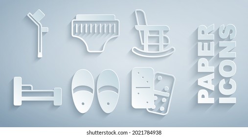 Set Slippers, Rocking chair, Bed, Domino, Adult diaper and Crutch or crutches icon. Vector