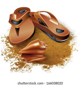 Set of slippers and a seashell, isolated on sand background