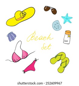 Set of slippers, shell, hat, bikini, sunglasses with text "Beach set". Vector illustration.