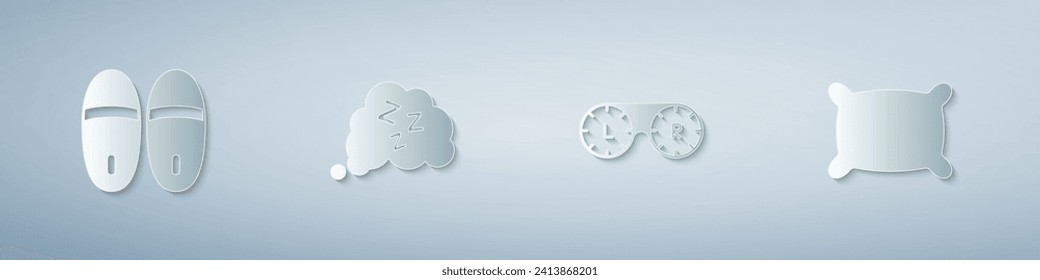 Set Slippers, Sleepy, Contact lens container and Pillow. Paper art style. Vector