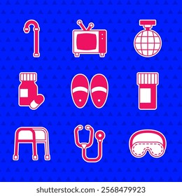 Set Slippers, Stethoscope, Eye sleep mask, Medicine bottle and pills, Walker, Disco ball and Walking stick cane icon. Vector