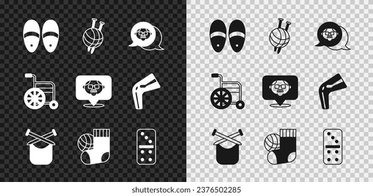 Set Slippers, Yarn ball with knitting needles, Grandfather, Knitting, Socks, Domino, Wheelchair and  icon. Vector