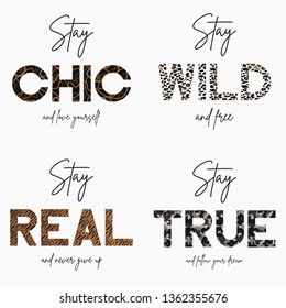 Set of slogan t-shirt with gold chain, camouflage, tiger and leopard animal skin texture. Typography graphic for girls tee shirt. Vector illustration.