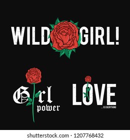 Set of slogan t-shirt graphic design with red roses. Trendy female style typography for tee print. Female slogan and roses for embroidery patch. Vector