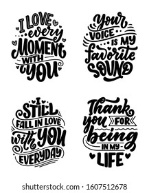 Set with slogans about love in beautiful style. Vector illustration. Abstract lettering compositions. Trendy graphic design for prints and cards. Motivation posters. Calligraphy text for Valentine's