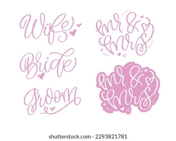 Set with slogans about love and wedding  in calligraphy style. Abstract lettering compositions. Trendy graphic design for print. Motivation posters. Quotes for Valentine's Day. Vector illustration