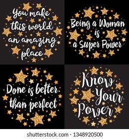 Set slogans among the stars. Hand drawn motivation, inspiration phrase. Isolated print. 
