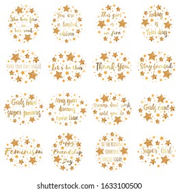 Set slogans among the stars. Hand drawn motivation, inspiration phrase. Isolated print.