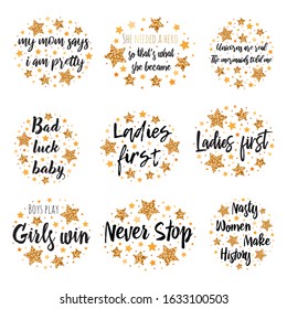 Set slogans among the stars. Hand drawn motivation, inspiration phrase. Isolated print.
