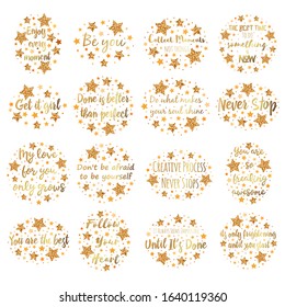 Set slogans among the stars. Hand drawn motivation, inspiration phrase. Isolated print.