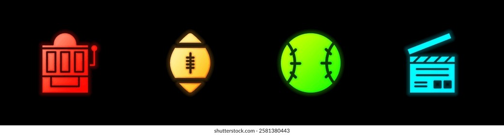 Set Slot machine, American Football ball, Baseball and Movie clapper icon. Vector