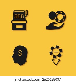 Set Slot machine, Casino chips, Lucky player and Hand holding casino icon with long shadow. Vector
