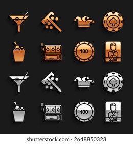 Set Slot machine, Casino chips, dealer, Champagne an ice bucket, Joker playing card, Martini glass and Stick for icon. Vector