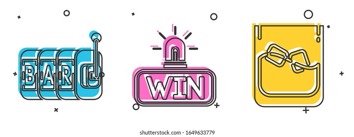Set Slot machine, Casino win and Glass of whiskey and ice cubes icon. Vector