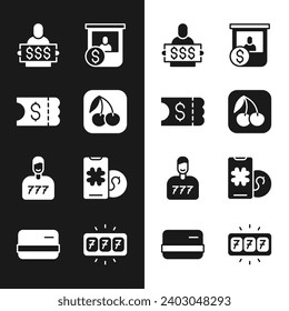 Set Slot machine with cherry, Lottery ticket, Winner holding prize, Casino chips exchange, Lucky player, Online poker table game, jackpot and Credit card icon. Vector