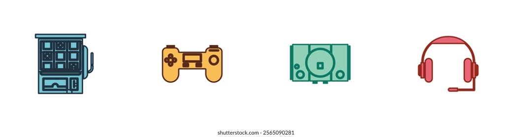 Set Slot machine, Gamepad, Video game console and Headphones icon. Vector