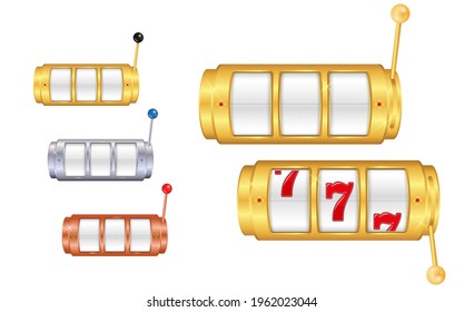 set of slot machine golden casino or golden lucky jackpot gambling machine or spin fortune casino template in golden, silver, and bronze color. eps vector