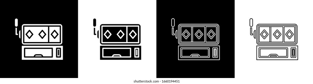 Set Slot machine icon isolated on black and white background.  Vector Illustration