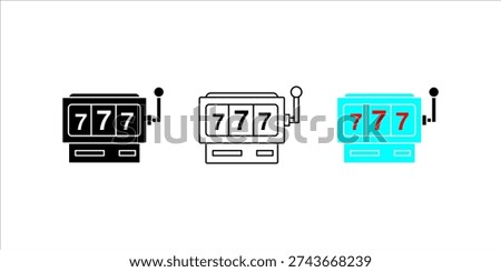 Set of slot machine icons with triple seven jackpot in flat, line, and colorful styles.