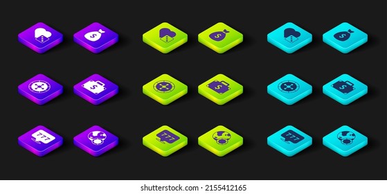 Set Slot machine with jackpot, Casino chips, roulette wheel, Briefcase and money, Money bag and Game dice icon. Vector