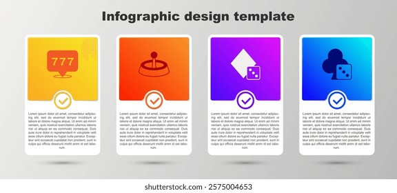 Set Slot machine with jackpot, Casino roulette wheel, Game dice and . Business infographic template. Vector