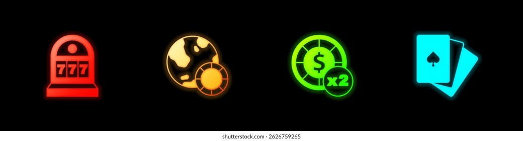 Definir máquina de fenda com jackpot, fichas de casino e Deck de jogar ícone de cartas. Vetor