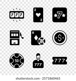 Set Slot machine with jackpot, Playing card heart, Casino slot, chips, Lucky player, Lottery ticket,  and and playing cards icon. Vector