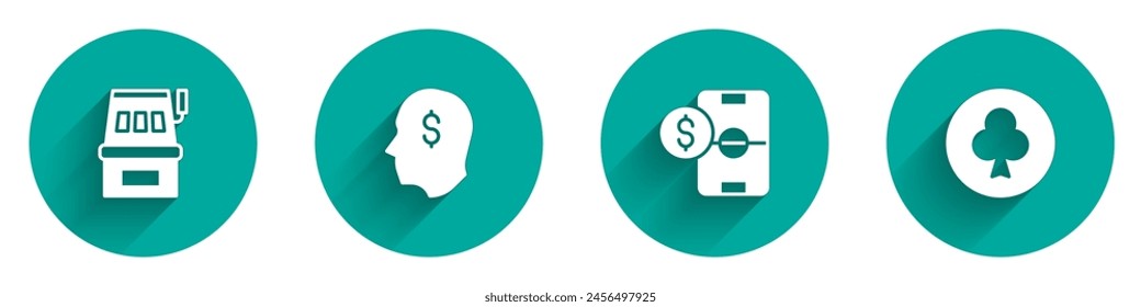 Set Slot machine, Lucky player, Football betting money and Playing card with clubs symbol icon with long shadow. Vector