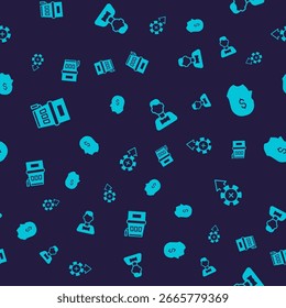 Establezca la máquina tragamonedas, el jugador afortunado, el distribuidor del casino y las fichas en un patrón transparente. Vector