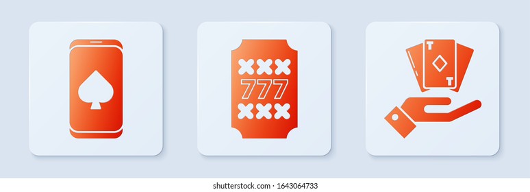 Set Slot machine with lucky sevens jackpot, Online poker table game and Hand holding deck of playing cards. White square button. Vector
