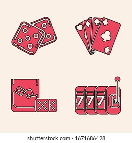 Set Slot machine with lucky sevens jackpot, Game dice, Playing cards and Game dice and glass of whiskey with ice cubes icon. Vector