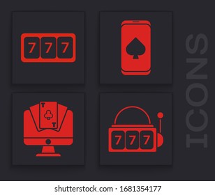 Set Slot machine with lucky sevens jackpot, Slot machine with lucky sevens jackpot, Online poker table game and Online poker table game icon. Vector
