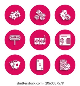 Set Slot machine with lucky sevens jackpot, Casino chips, Online casino exchange stacks of dollars, cards, signboard, and glass whiskey ice cubes and Game dice icon. Vector