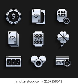 Set Slot Machine With Lucky Sevens Jackpot, Billiard Pool Snooker 8 Ball, Credit Card, Four Leaf Clover, Online Slot, Playing Heart,  And Casino Chip Dollar Icon. Vector