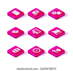 Set Slot machine with lucky sevens jackpot, Casino chip dollar, Lottery ticket, Online slot, Hand holding deck of playing cards, Playing diamonds, Game dice and  icon. Vector