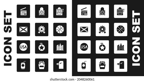 Set Slot machine, Medal with star, Flag Confederate, Movie clapper, Basketball ball, Rocket launch from the spaceport, City landscape and USA label icon. Vector